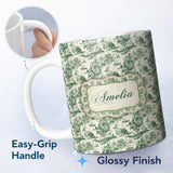 Personalized Custom Name Vintage Garden Statues and Floral Landscape Toile Seamless Pattern 11oz Ceramic Coffee Tea Mug White Large Handle