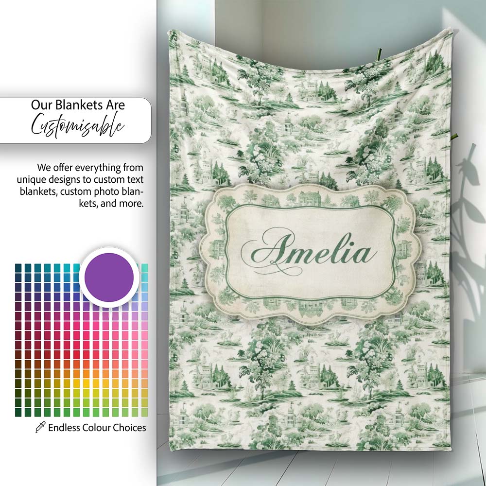 Vintage Garden Statues and Floral Landscape Toile Seamless Pattern  Personalised Custom Name Super Soft Fleece Blanket Bed Sofa Throw