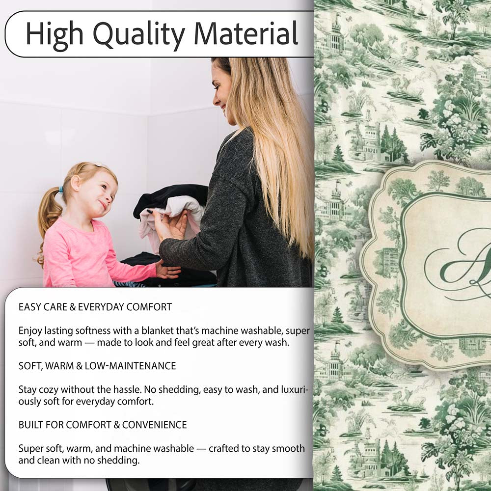 Vintage Garden Statues and Floral Landscape Toile Seamless Pattern  Personalised Custom Name Super Soft Fleece Blanket Bed Sofa Throw