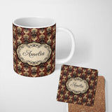 Personalized Custom Name Ornate Red Black Vintage Damask Floral Baroque Seamless Pattern 11oz Ceramic Coffee Tea Mug White Large Handle