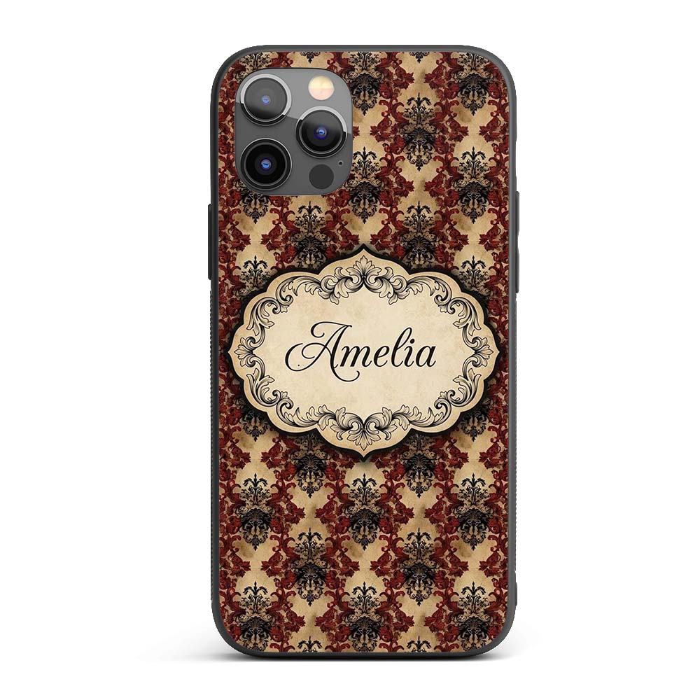 Ornate Red Black Vintage Damask Floral Baroque Custom Name Protective Phone Case Mobile Cover Durable Everyday Smartphone Shock Resistant