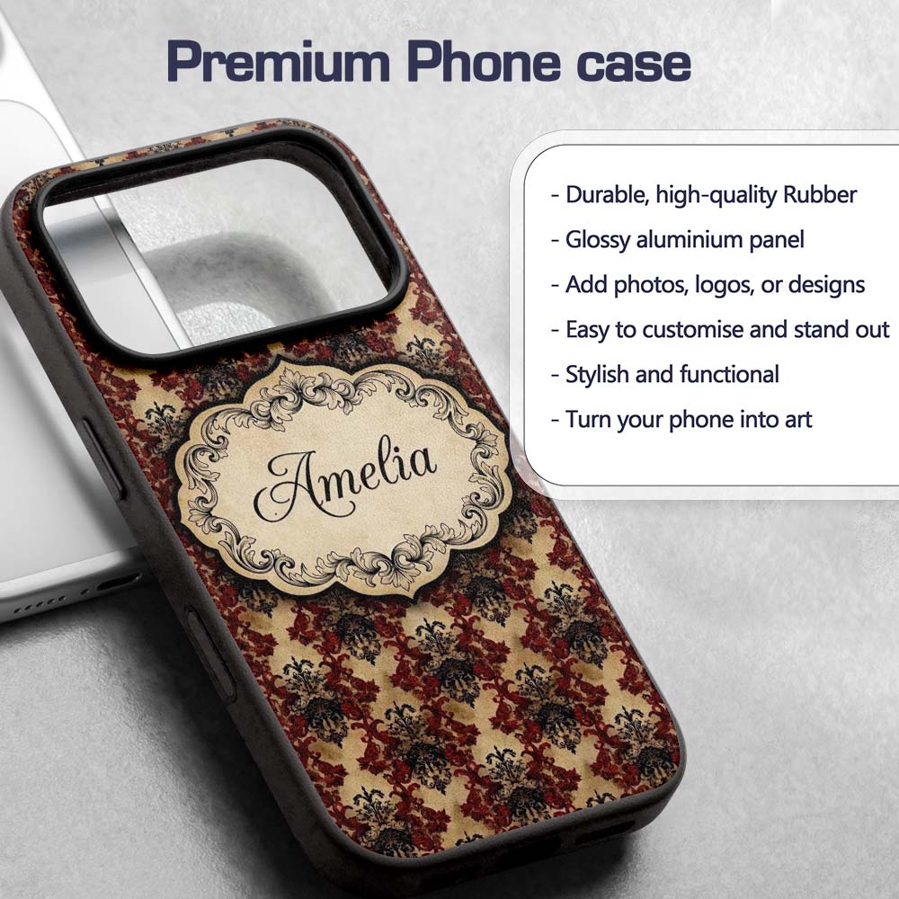 Ornate Red Black Vintage Damask Floral Baroque Custom Name Protective Phone Case Mobile Cover Durable Everyday Smartphone Shock Resistant