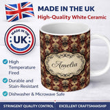 Personalized Custom Name Ornate Red Black Vintage Damask Floral Baroque Seamless Pattern 11oz Ceramic Coffee Tea Mug White Large Handle