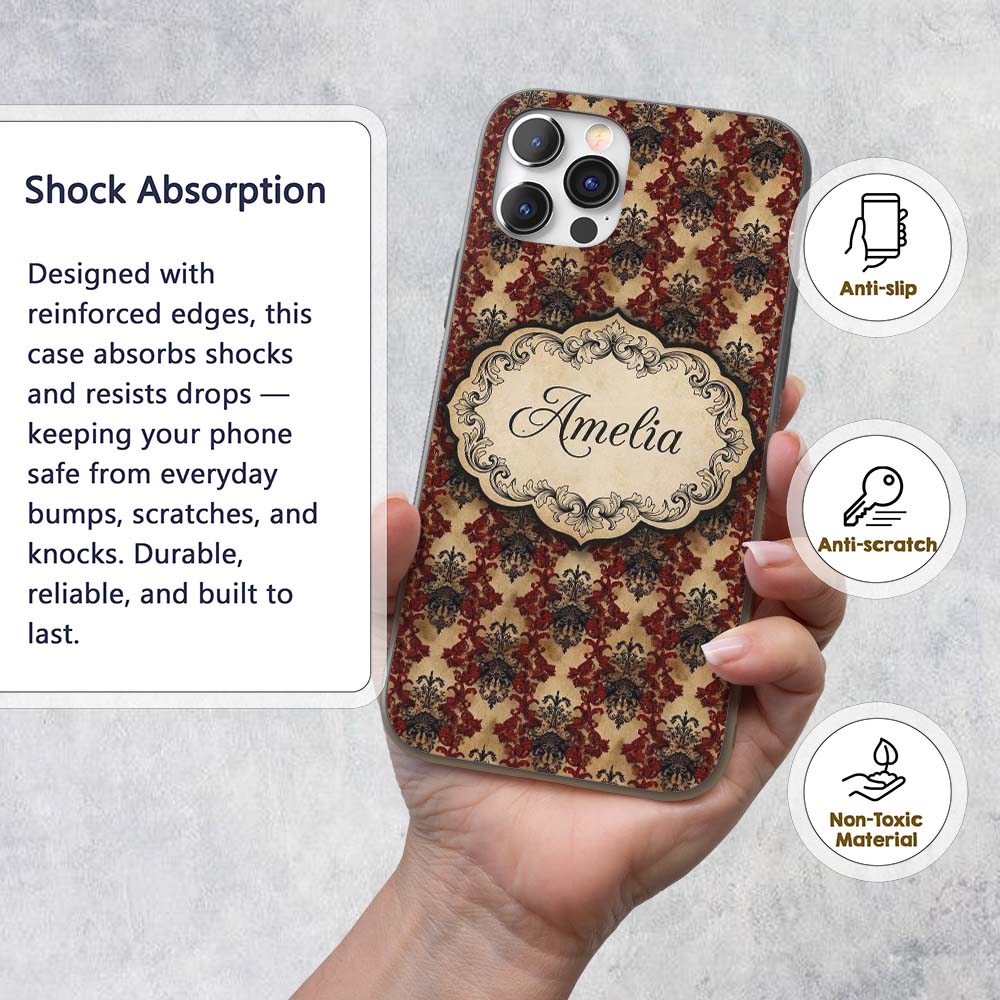 Ornate Red Black Vintage Damask Floral Baroque Custom Name Protective Phone Case Mobile Cover Durable Everyday Smartphone Shock Resistant