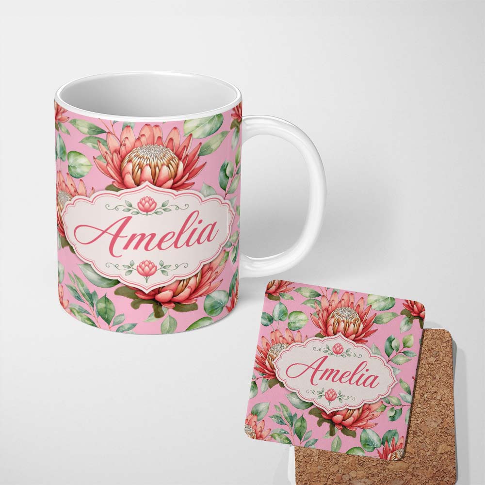 Personalized Custom Name Coral Protea Flowers on Rose Pink Background Seamless Botanical 11oz Ceramic Coffee Tea Mug White Large Handle