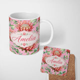 Personalized Custom Name Coral Protea Flowers on Rose Pink Background Seamless Botanical 11oz Ceramic Coffee Tea Mug White Large Handle