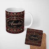 Personalized Custom Name Luxury Black Red Gold Floral Baroque Damask Seamless Pattern Name 11oz Ceramic Coffee Tea Mug White Large Handle