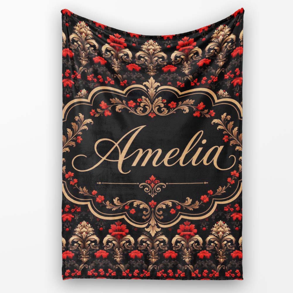 Luxury Black Red Gold Floral Baroque Damask Seamless Pattern Name  Personalised Custom Name Super Soft Fleece Blanket Bed Sofa Throw