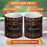 Personalized Custom Name Luxury Black Red Gold Floral Baroque Damask Seamless Pattern Name 11oz Ceramic Coffee Tea Mug White Large Handle