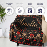 Luxury Black Red Gold Floral Baroque Damask Seamless Pattern Name  Personalised Custom Name Super Soft Fleece Blanket Bed Sofa Throw