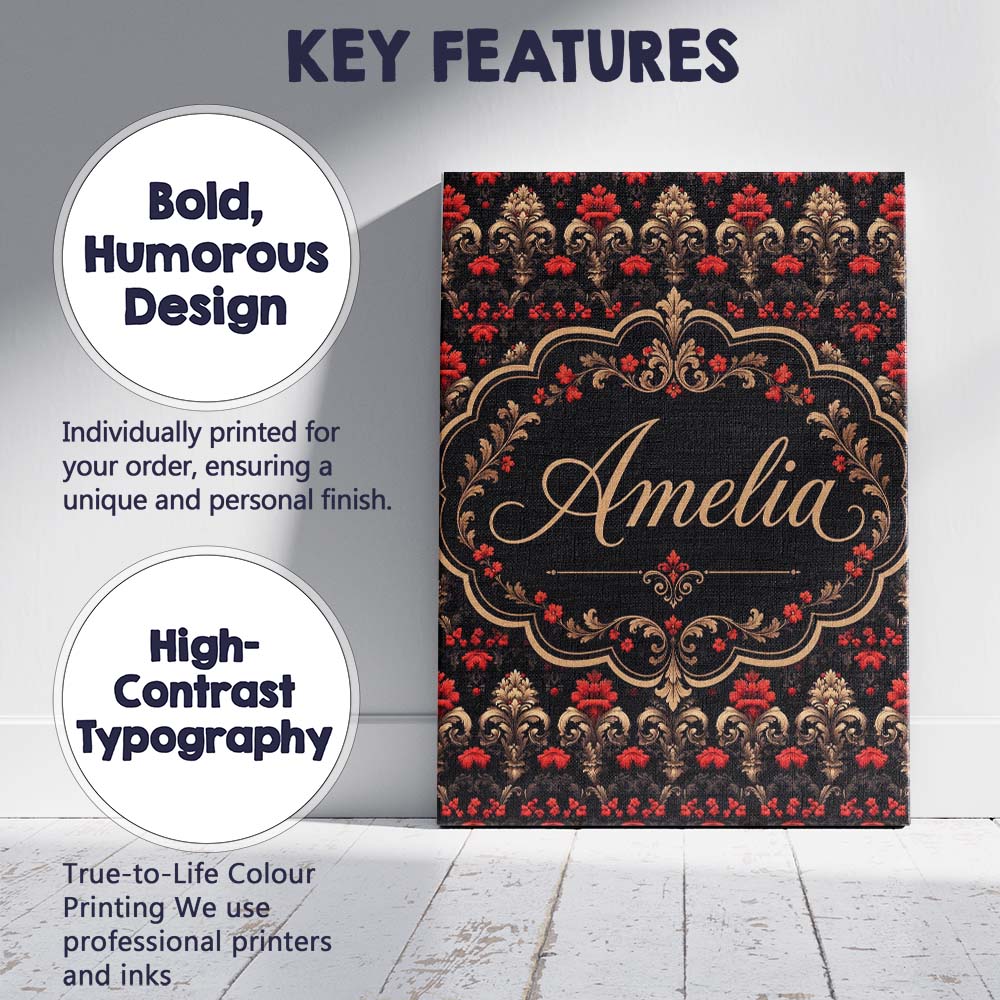 Personalised Name Luxury Black Red Gold Custom  Modern Room Accent Elegant Feature Canvas Wall Art Print Decor Picture Ready to Hang