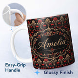 Personalized Custom Name Luxury Black Red Gold Floral Baroque Damask Seamless Pattern Name 11oz Ceramic Coffee Tea Mug White Large Handle