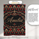 Luxury Black Red Gold Floral Baroque Damask Seamless Pattern Name  Personalised Custom Name Super Soft Fleece Blanket Bed Sofa Throw