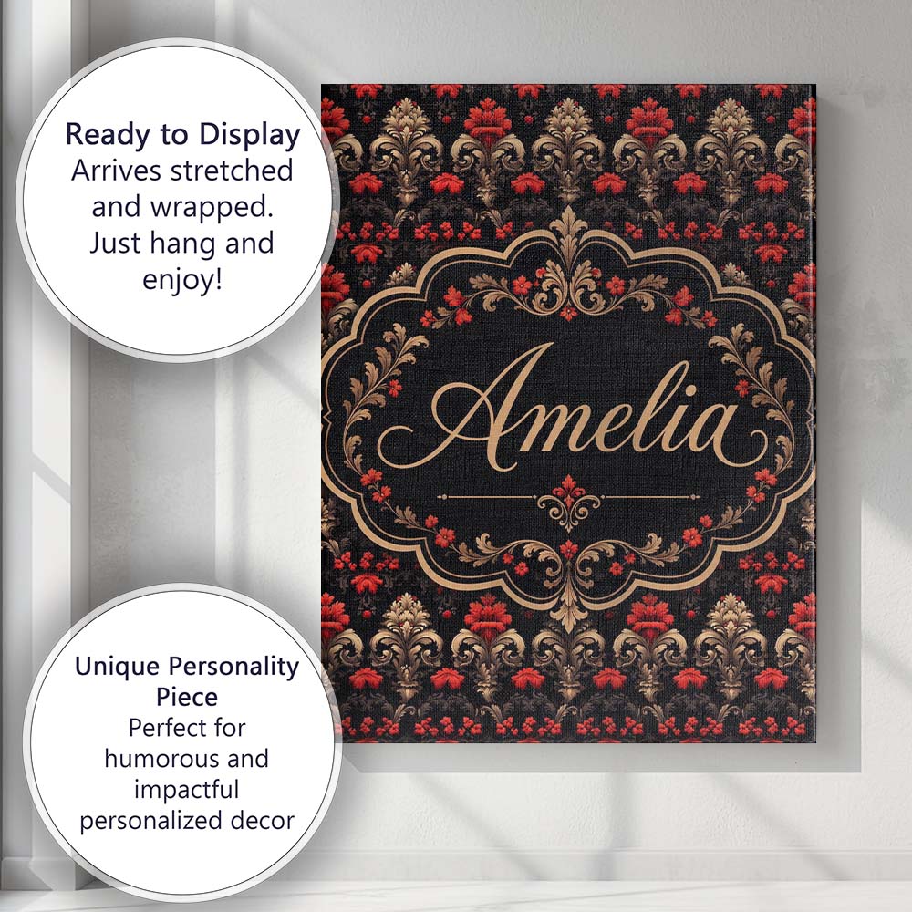 Personalised Name Luxury Black Red Gold Custom  Modern Room Accent Elegant Feature Canvas Wall Art Print Decor Picture Ready to Hang