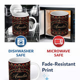 Personalized Custom Name Luxury Black Red Gold Floral Baroque Damask Seamless Pattern Name 11oz Ceramic Coffee Tea Mug White Large Handle