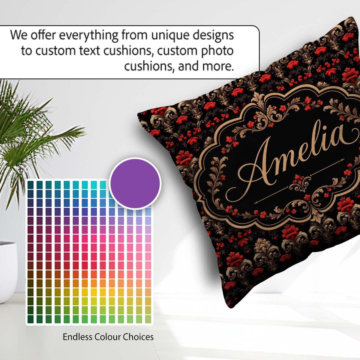 Custom Name Luxury Black Red Gold Floral Baroque Damask Seamless Square Filled Cushion Throw Pillow Sofa Bed Home Decor Zip Washable UK Made