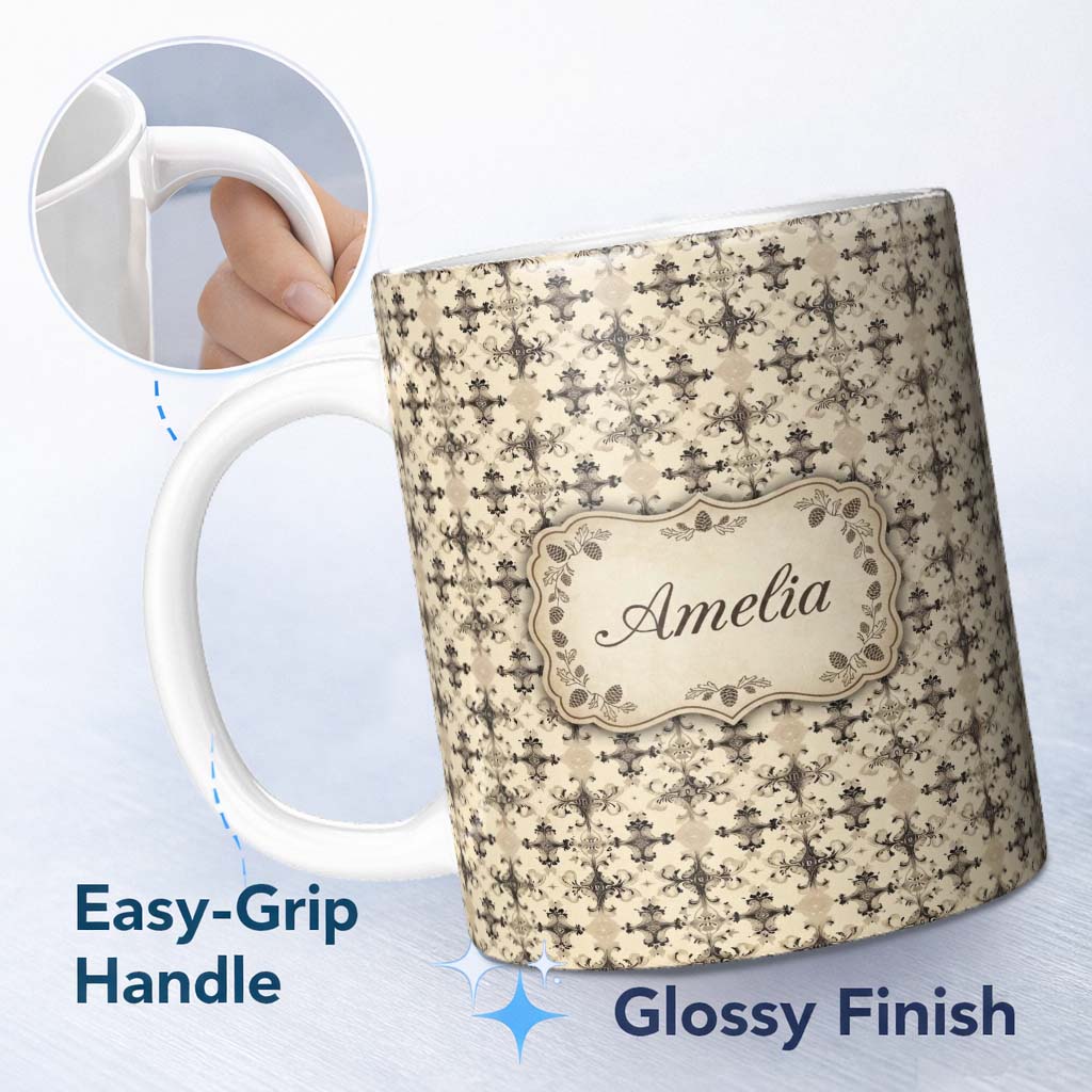 Personalized Custom Name Classic Beige Ornamental Vintage Damask Seamless Pattern Name Cute 11oz Ceramic Coffee Tea Mug White Large Handle