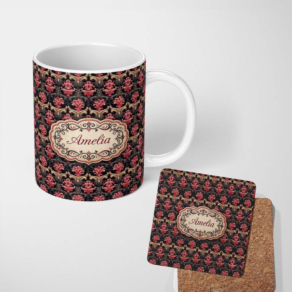 Personalized Custom Name Luxury Red Gold Ornate Baroque Damask Seamless Pattern Name Cute 11oz Ceramic Coffee Tea Mug White Large Handle