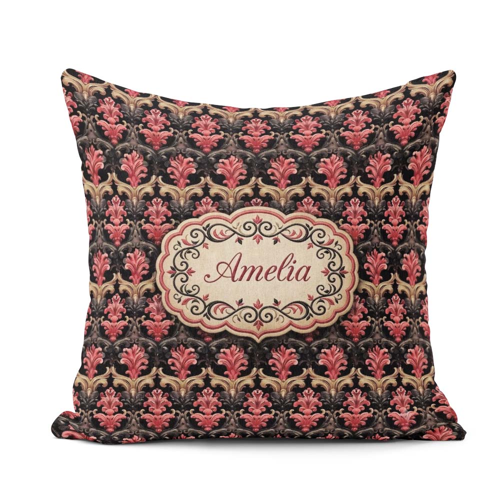 Custom Name Luxury Red Gold Ornate Baroque Seamless Pattern Name Square Filled Cushion Throw Pillow Sofa Bed Home Decor Zip Washable UK Made