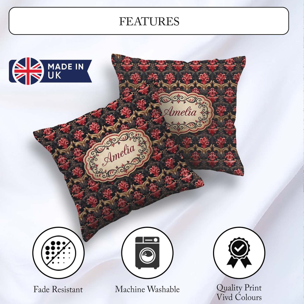 Custom Name Luxury Red Gold Ornate Baroque Seamless Pattern Name Square Filled Cushion Throw Pillow Sofa Bed Home Decor Zip Washable UK Made