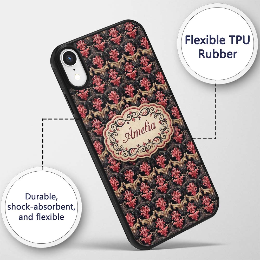Luxury Red Gold Ornate Baroque Damask Seamless Custom Name Protective Phone Case Mobile Cover Durable Everyday Smartphone Shock Resistant