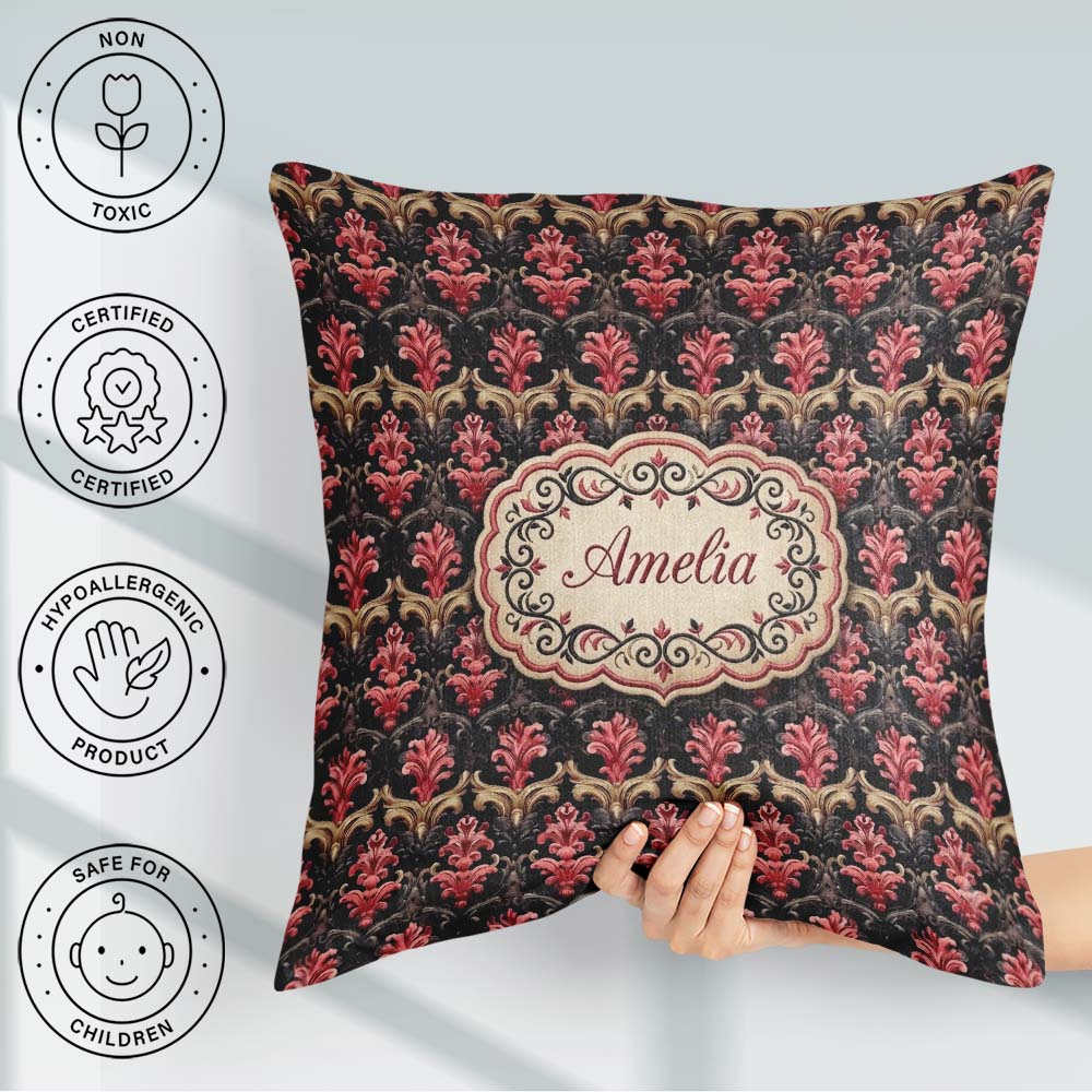 Custom Name Luxury Red Gold Ornate Baroque Seamless Pattern Name Square Filled Cushion Throw Pillow Sofa Bed Home Decor Zip Washable UK Made