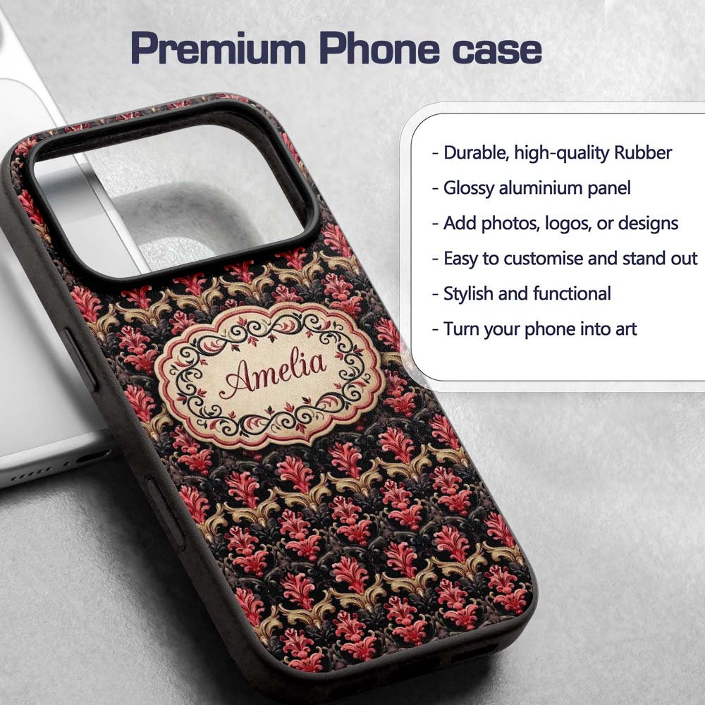 Luxury Red Gold Ornate Baroque Damask Seamless Custom Name Protective Phone Case Mobile Cover Durable Everyday Smartphone Shock Resistant