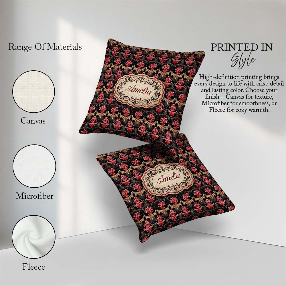 Custom Name Luxury Red Gold Ornate Baroque Seamless Pattern Name Square Filled Cushion Throw Pillow Sofa Bed Home Decor Zip Washable UK Made
