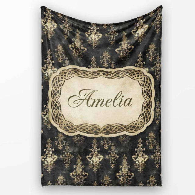 Antique Gold Vintage Distressed Damask Texture Seamless Pattern  Personalised Custom Name Super Soft Fleece Blanket Bed Sofa Throw