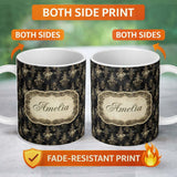 Personalized Custom Name Antique Gold Vintage Distressed Damask Texture Seamless Pattern 11oz Ceramic Coffee Tea Mug White Large Handle