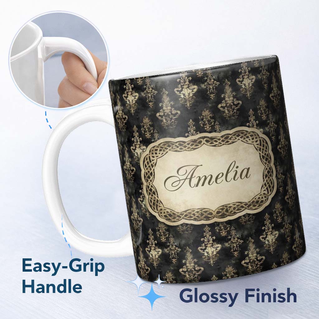 Personalized Custom Name Antique Gold Vintage Distressed Damask Texture Seamless Pattern 11oz Ceramic Coffee Tea Mug White Large Handle