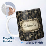 Personalized Custom Name Antique Gold Vintage Distressed Damask Texture Seamless Pattern 11oz Ceramic Coffee Tea Mug White Large Handle