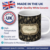 Personalized Custom Name Antique Gold Vintage Distressed Damask Texture Seamless Pattern 11oz Ceramic Coffee Tea Mug White Large Handle