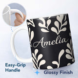 Personalized Custom Name Midnight Botanical Flow Black Cream Abstract Leaf Pattern Lovely 11oz Ceramic Coffee Tea Mug White Large Handle
