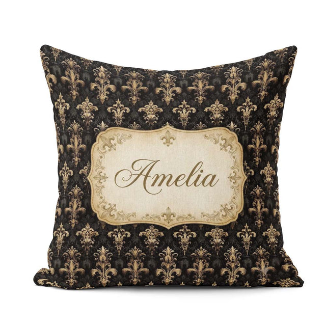 Custom Name Classic Black Elegant Baroque Floral Damask Seamless Square Filled Cushion Throw Pillow Sofa Bed Home Decor Zip Washable UK Made