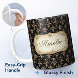 Personalized Custom Name Classic Gold Black Elegant Baroque Floral Damask Seamless Pattern 11oz Ceramic Coffee Tea Mug White Large Handle