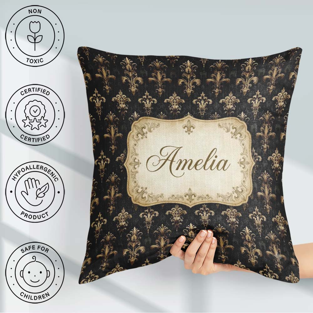 Custom Name Classic Black Elegant Baroque Floral Damask Seamless Square Filled Cushion Throw Pillow Sofa Bed Home Decor Zip Washable UK Made