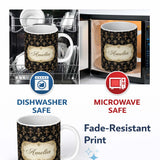 Personalized Custom Name Classic Gold Black Elegant Baroque Floral Damask Seamless Pattern 11oz Ceramic Coffee Tea Mug White Large Handle