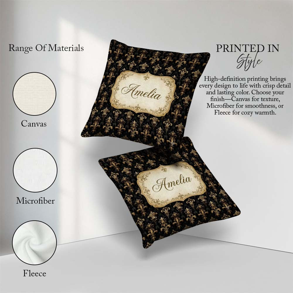 Custom Name Classic Black Elegant Baroque Floral Damask Seamless Square Filled Cushion Throw Pillow Sofa Bed Home Decor Zip Washable UK Made