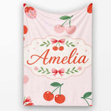 Cute Cherry Fruit Soft Pink Background Sweet Seamless Pattern Lovely  Personalised Custom Name Super Soft Fleece Blanket Bed Sofa Throw