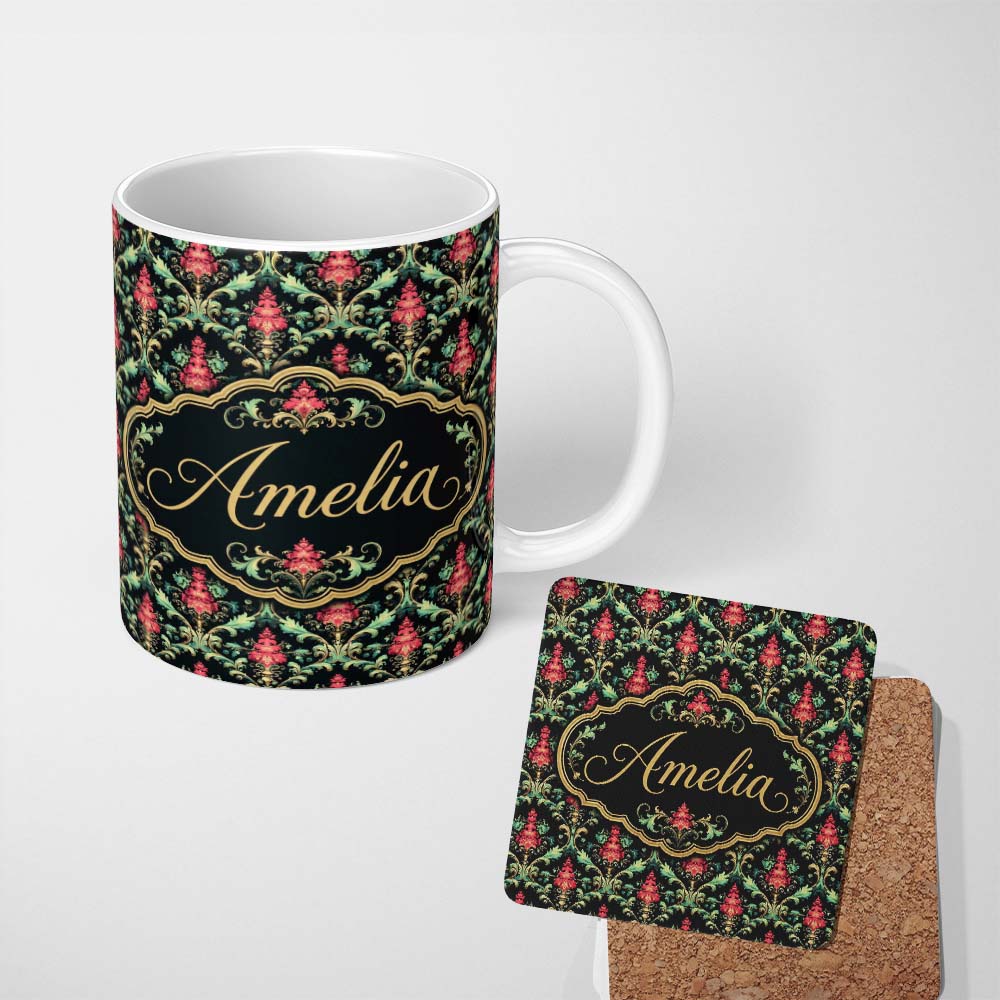 Personalized Custom Name Vibrant Pink Teal Ornate Floral Baroque Damask Seamless Pattern 11oz Ceramic Coffee Tea Mug White Large Handle