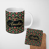 Personalized Custom Name Vibrant Pink Teal Ornate Floral Baroque Damask Seamless Pattern 11oz Ceramic Coffee Tea Mug White Large Handle