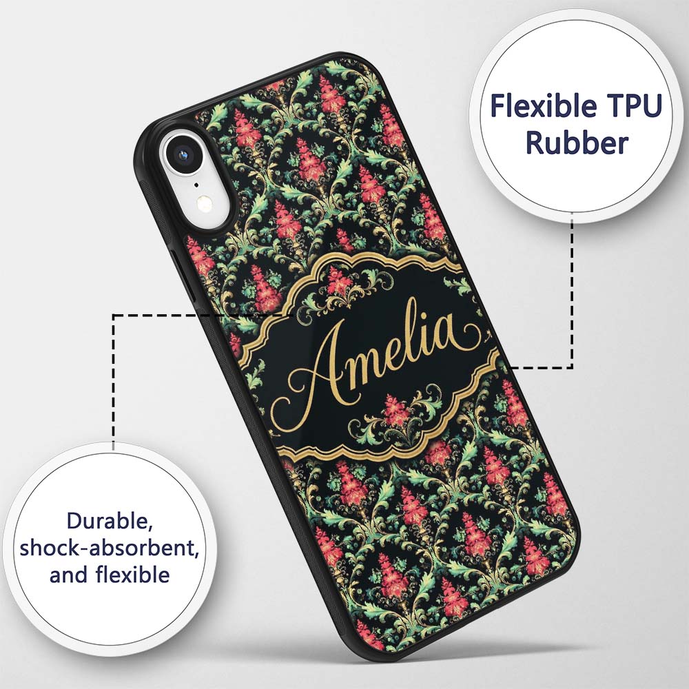Vibrant Pink Teal Ornate Floral Baroque Damask Custom Name Protective Phone Case Mobile Cover Durable Everyday Smartphone Shock Resistant