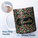 Personalized Custom Name Vibrant Pink Teal Ornate Floral Baroque Damask Seamless Pattern 11oz Ceramic Coffee Tea Mug White Large Handle