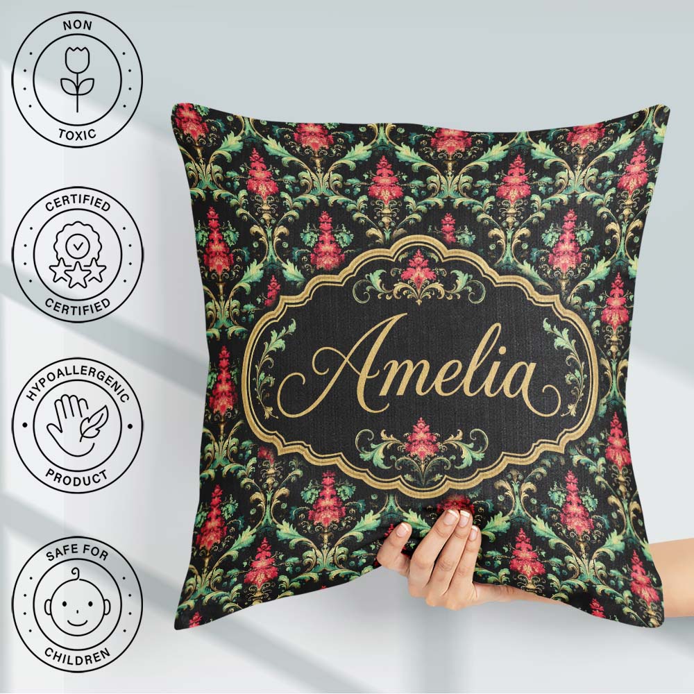 Custom Name Vibrant Pink Ornate Floral Baroque Seamless Pattern Square Filled Cushion Throw Pillow Sofa Bed Home Decor Zip Washable UK Made