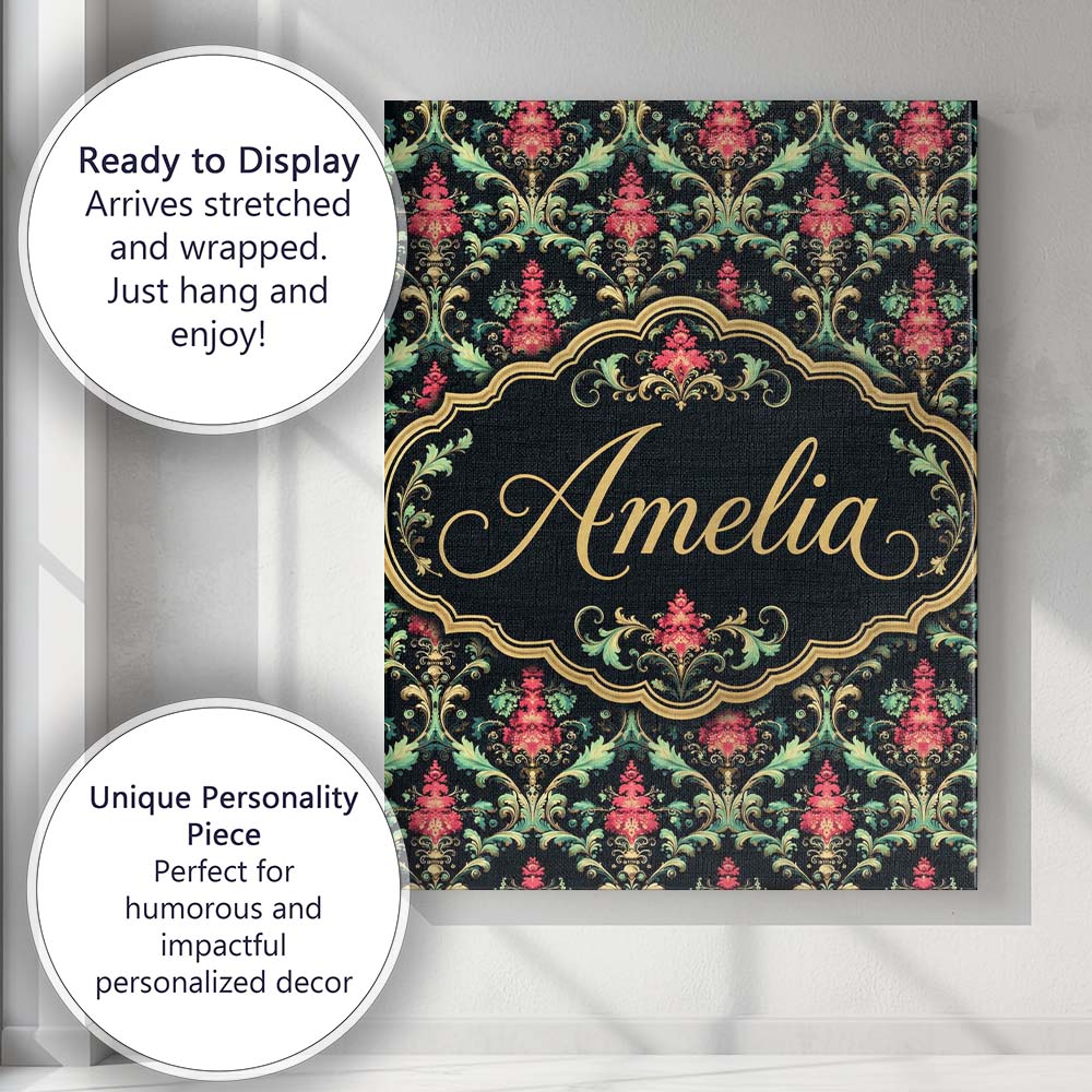 Personalised Name Vibrant Pink Teal Ornate Custom  Unique Gift Idea Elegant Feature Canvas Wall Art Print Decor Picture Ready to Hang