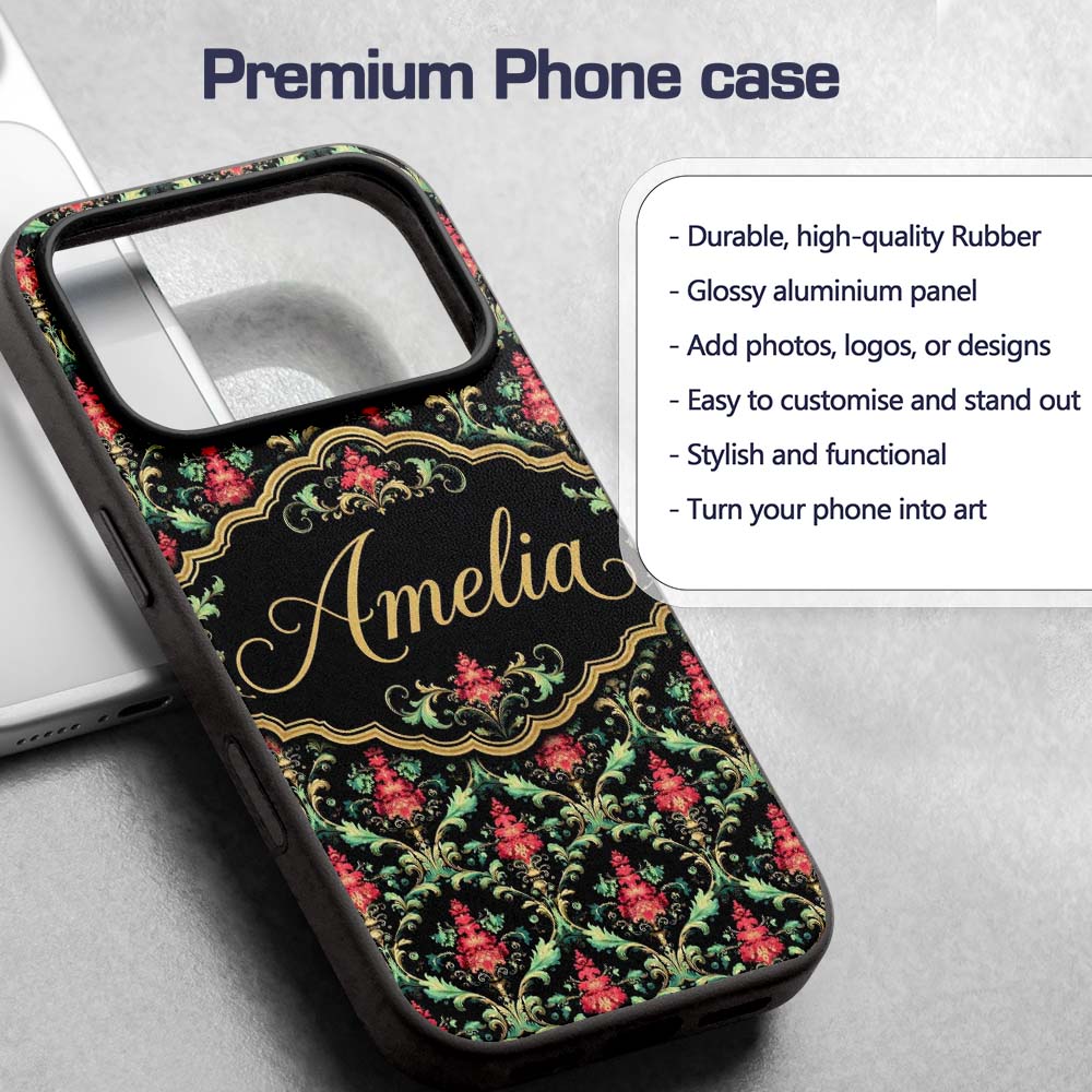 Vibrant Pink Teal Ornate Floral Baroque Damask Custom Name Protective Phone Case Mobile Cover Durable Everyday Smartphone Shock Resistant