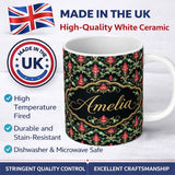 Personalized Custom Name Vibrant Pink Teal Ornate Floral Baroque Damask Seamless Pattern 11oz Ceramic Coffee Tea Mug White Large Handle