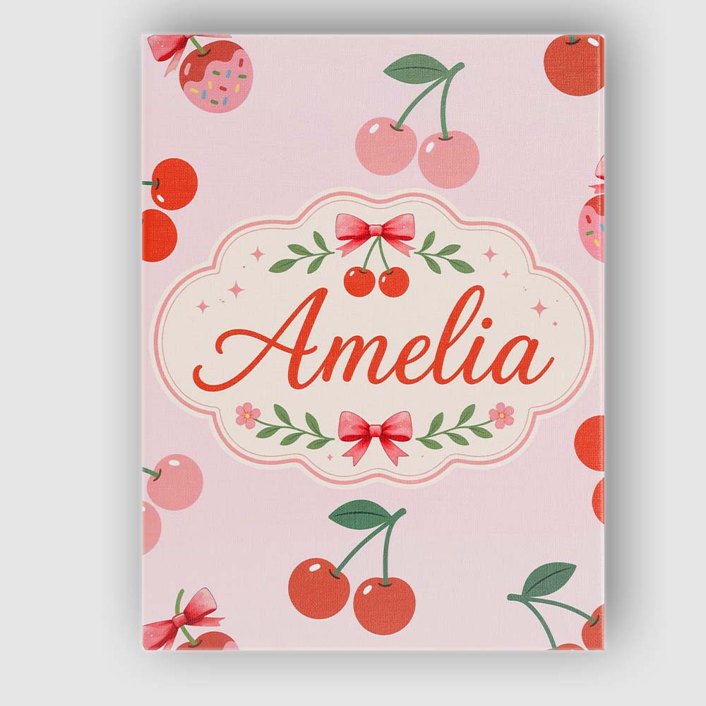 Personalised Name Cute Cherry Fruit Soft Pink Background Sweet Custom Modern Room Accent Canvas Wall Art Print Decor Picture Ready to Hang
