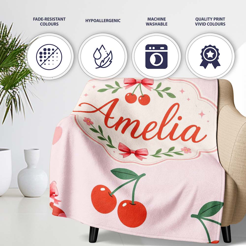 Cute Cherry Fruit Soft Pink Background Sweet Seamless Pattern Lovely  Personalised Custom Name Super Soft Fleece Blanket Bed Sofa Throw